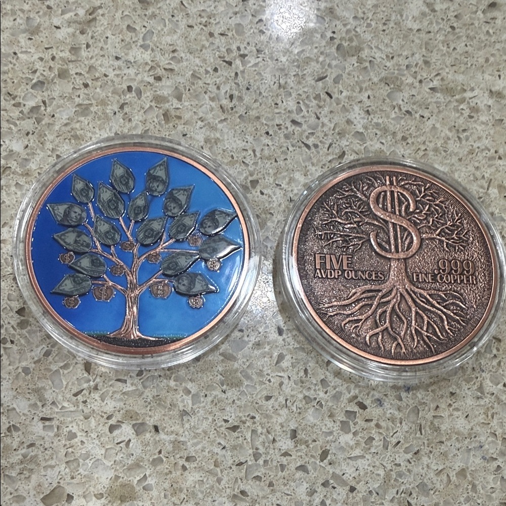 5 Troy AVDP .999 Pure Copper Tree Round Collectible Coins - Blue Enamel Accent